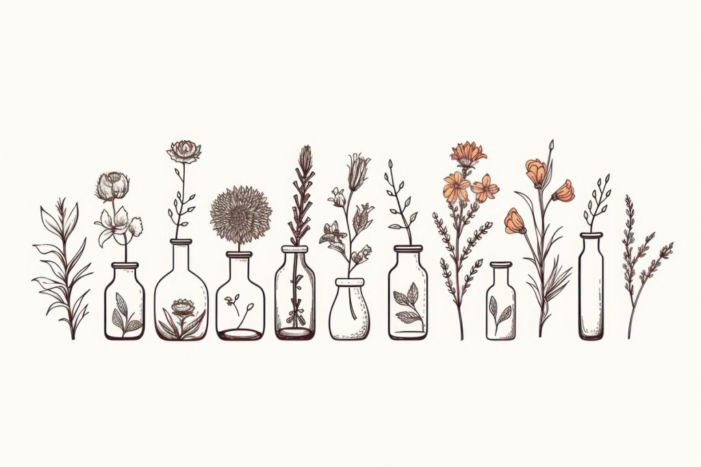 Grafika z roślinami w fiolkach